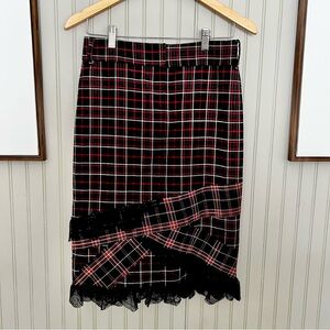 Y2K Patrizia Pepe wool Plaid Ruffle & Lace Red Midi Skirt